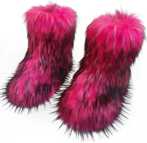 Fur Boots Warm Women's Faux Fur Boot Furry Short Snow Boot Mid-Calf Boots Outdoor Flat Shoes
