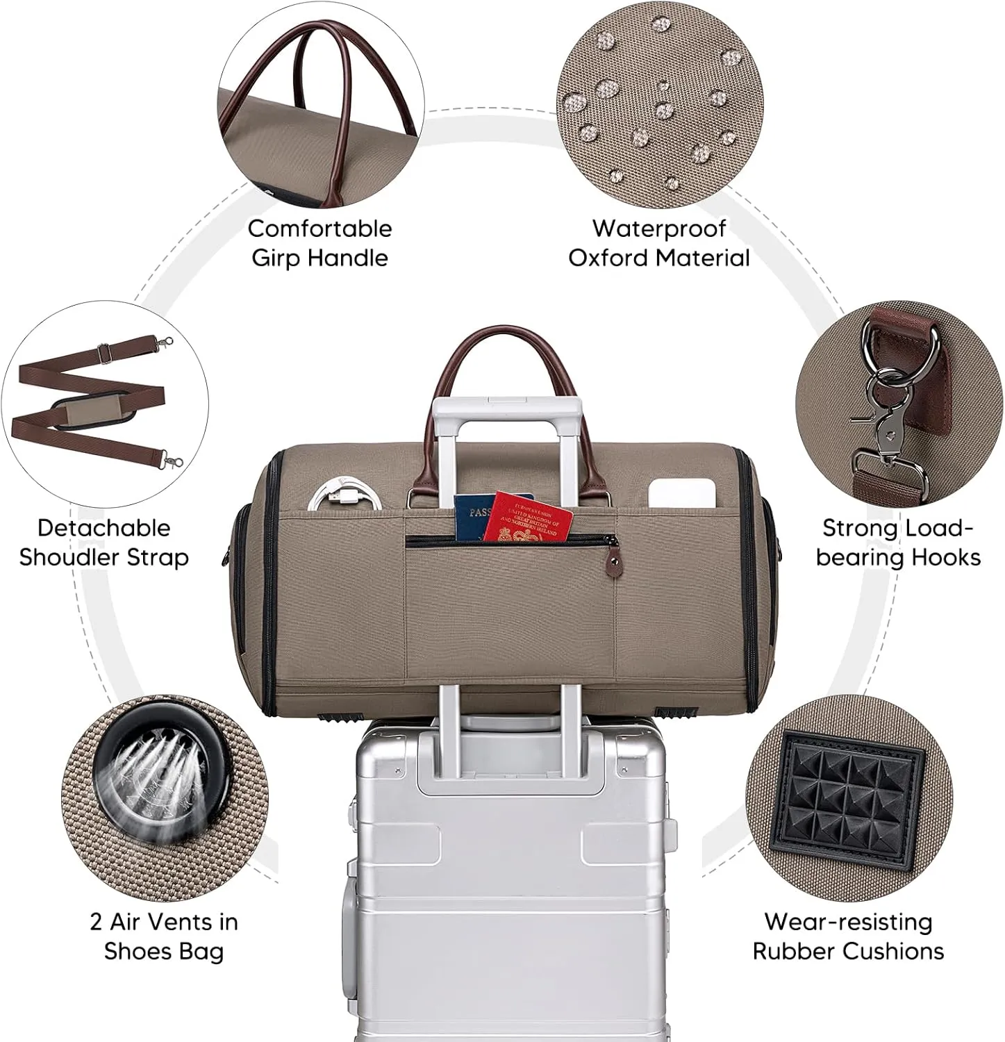 Garment Bag for Travel, Vessgra Carry on Convertible Garment Duffle Bags for Men Women with Shoe Compartment - 2 in 1 Hanging Suitcase Suit Travel Bags-Khaki