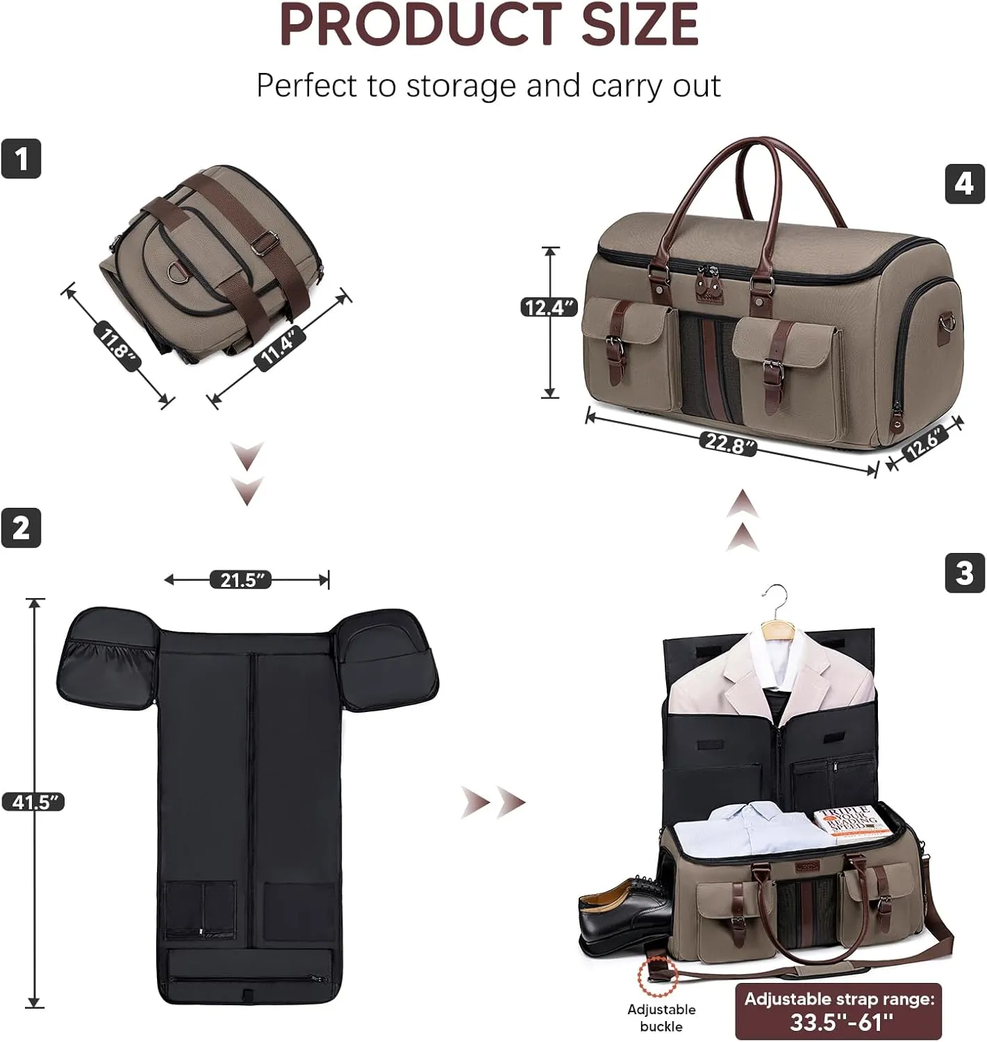 Garment Bag for Travel, Vessgra Carry on Convertible Garment Duffle Bags for Men Women with Shoe Compartment - 2 in 1 Hanging Suitcase Suit Travel Bags-Khaki