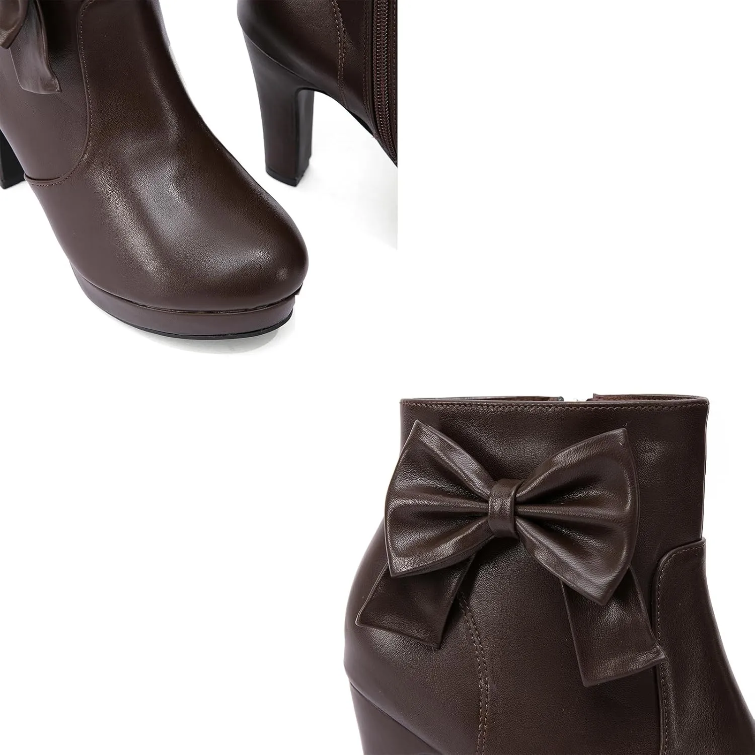 GATUXUS Women's Chunky High Heels Bow Decor Ankle Boots Round Toe Side Zipper Platform Short Booties Dress Shoes