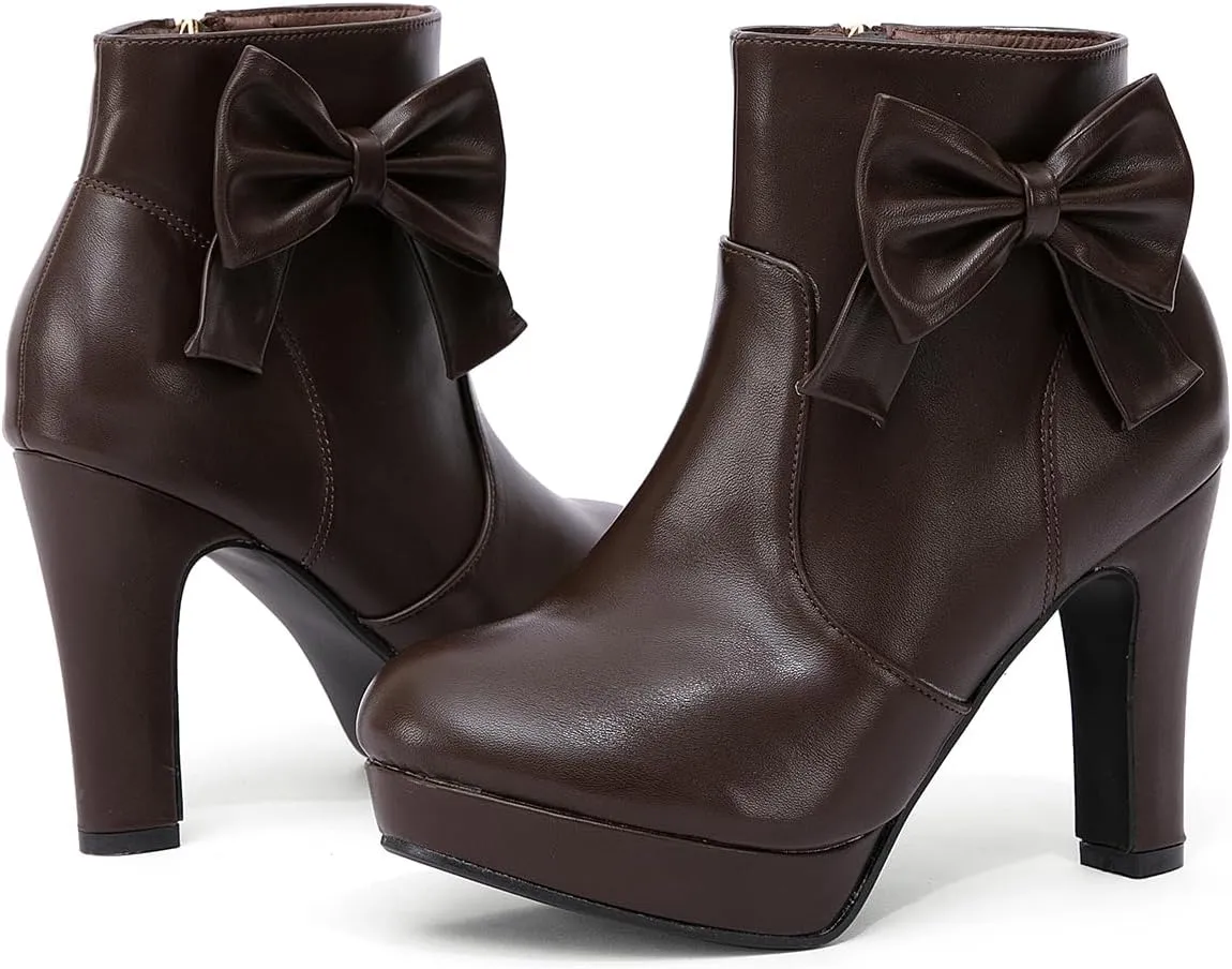 GATUXUS Women's Chunky High Heels Bow Decor Ankle Boots Round Toe Side Zipper Platform Short Booties Dress Shoes