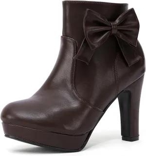 GATUXUS Women's Chunky High Heels Bow Decor Ankle Boots Round Toe Side Zipper Platform Short Booties Dress Shoes