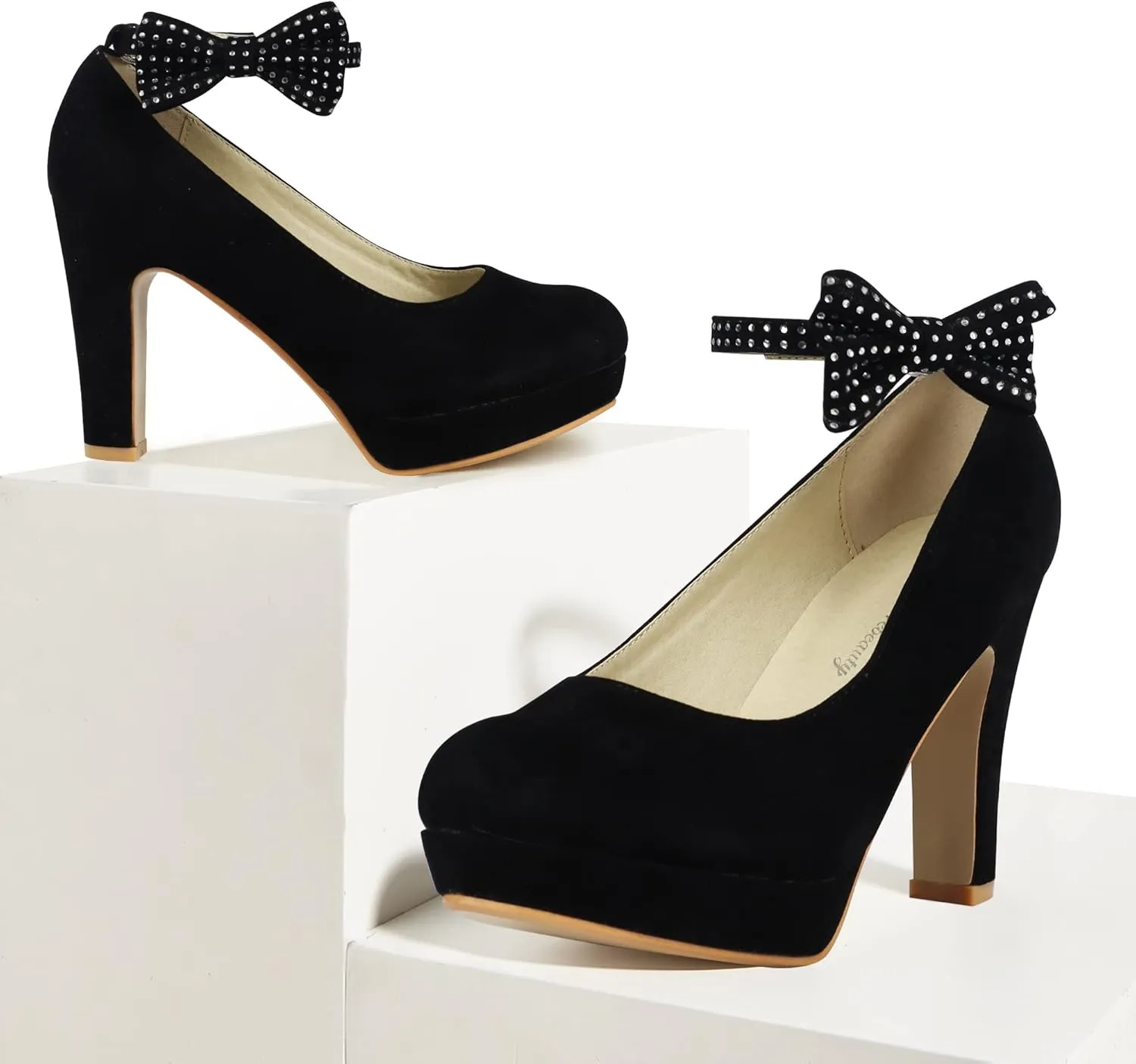 GATUXUS Women's Platform High Heel Dress Pumps Ankle Strap Bow Chunky Heels Shoes for Party Wedding Prom