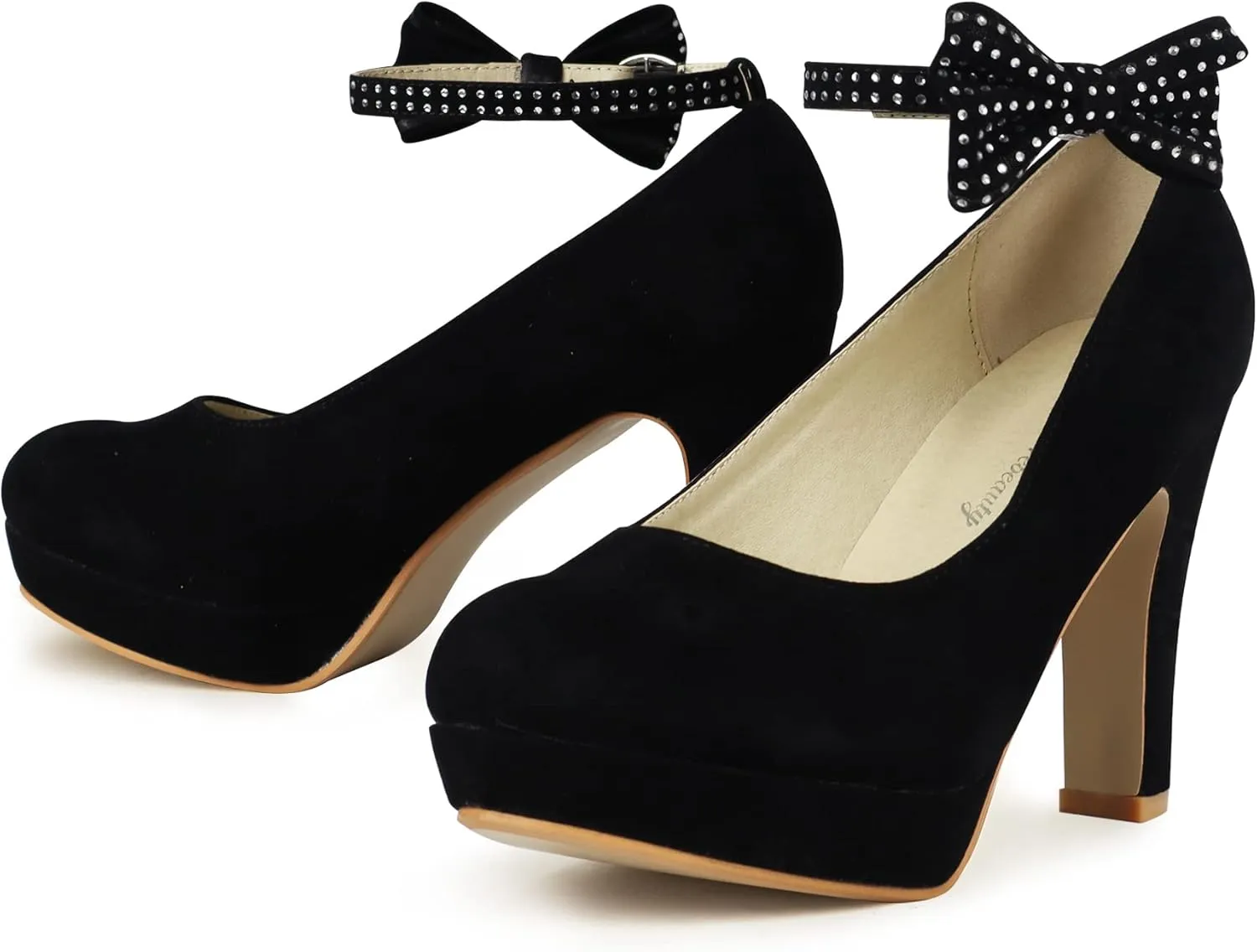 GATUXUS Women's Platform High Heel Dress Pumps Ankle Strap Bow Chunky Heels Shoes for Party Wedding Prom
