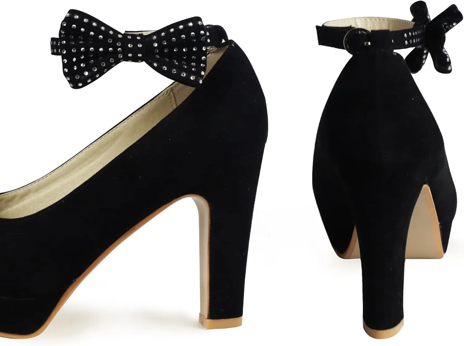 GATUXUS Women's Platform High Heel Dress Pumps Ankle Strap Bow Chunky Heels Shoes for Party Wedding Prom