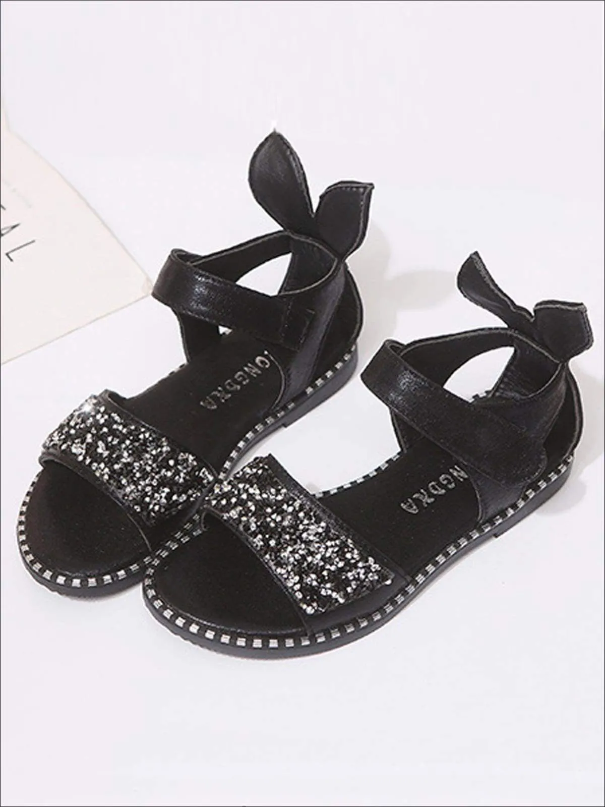 Girls Glitter Rhinestone Bunny Ear Velcro Strap Sandals By Liv and Mia