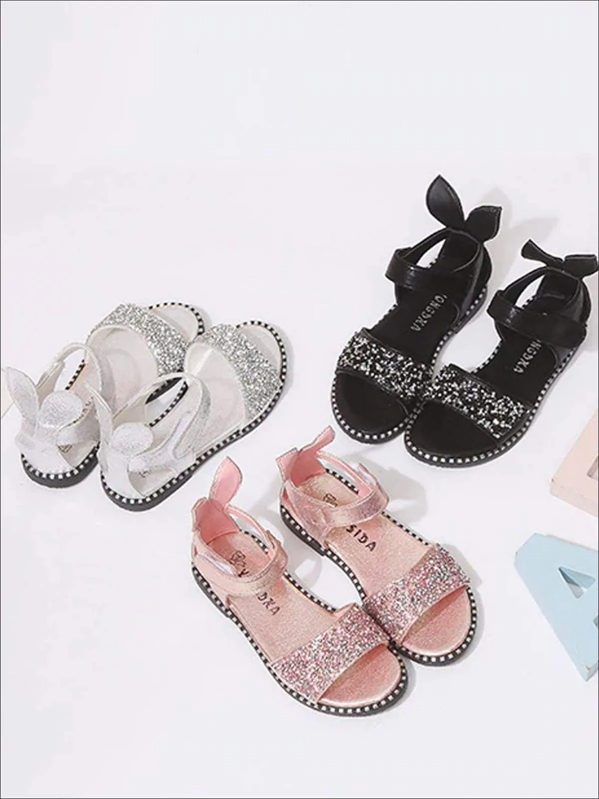 Girls Glitter Rhinestone Bunny Ear Velcro Strap Sandals By Liv and Mia