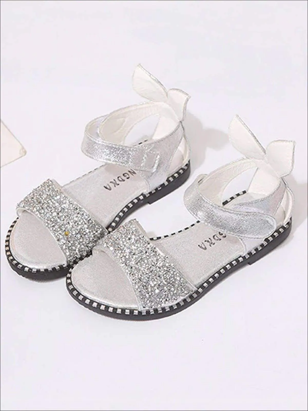 Girls Glitter Rhinestone Bunny Ear Velcro Strap Sandals By Liv and Mia