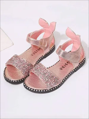 Girls Glitter Rhinestone Bunny Ear Velcro Strap Sandals By Liv and Mia