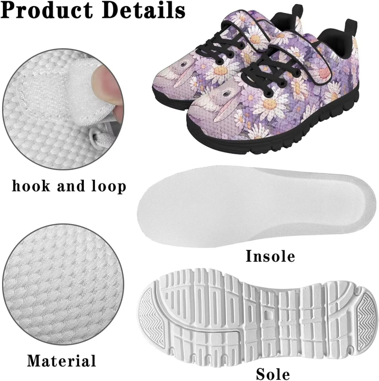 Girls Running Shoes with Hook and Loop Cute Print Kids Tennis Shoes for Outdoor Activities