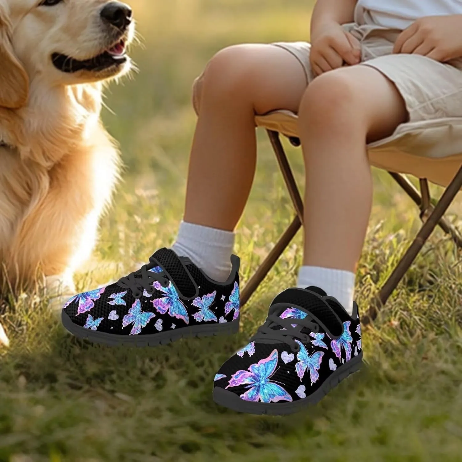 Girls Running Shoes with Hook and Loop Cute Print Kids Tennis Shoes for Outdoor Activities