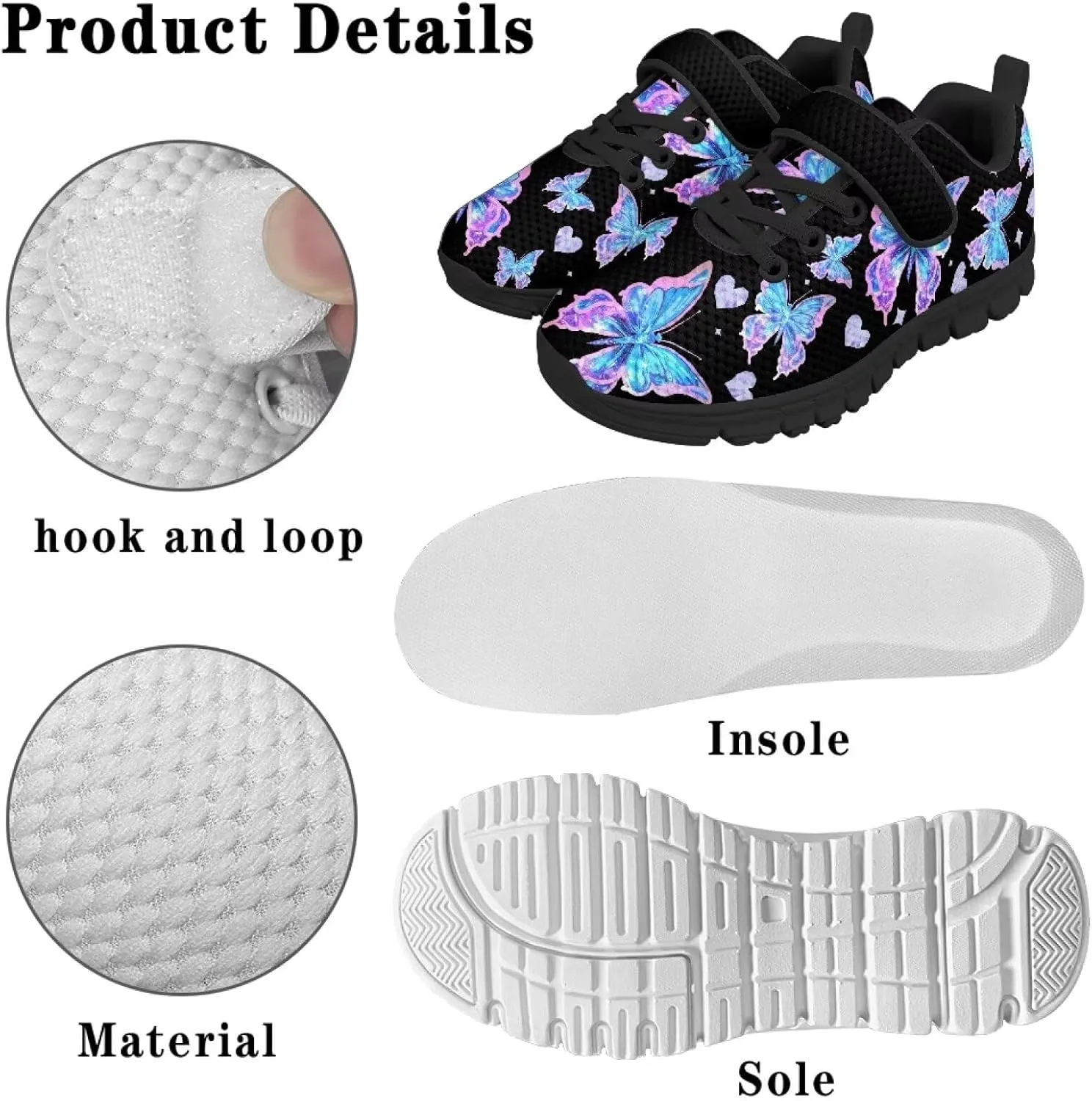 Girls Running Shoes with Hook and Loop Cute Print Kids Tennis Shoes for Outdoor Activities