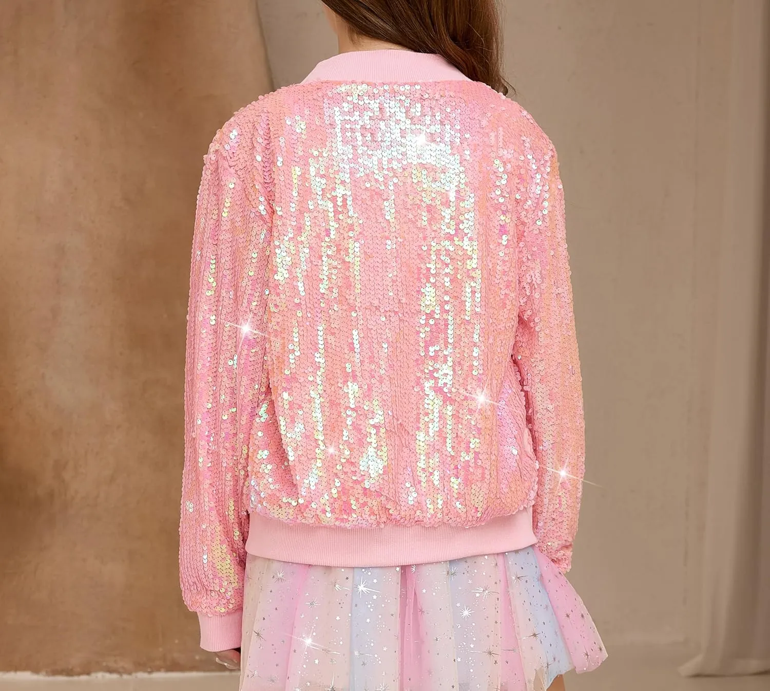 Girls Sequin Bomber Jacket Sparkly Bomber Outfit Long Sleeve Zipper Bright Colors 5-12T