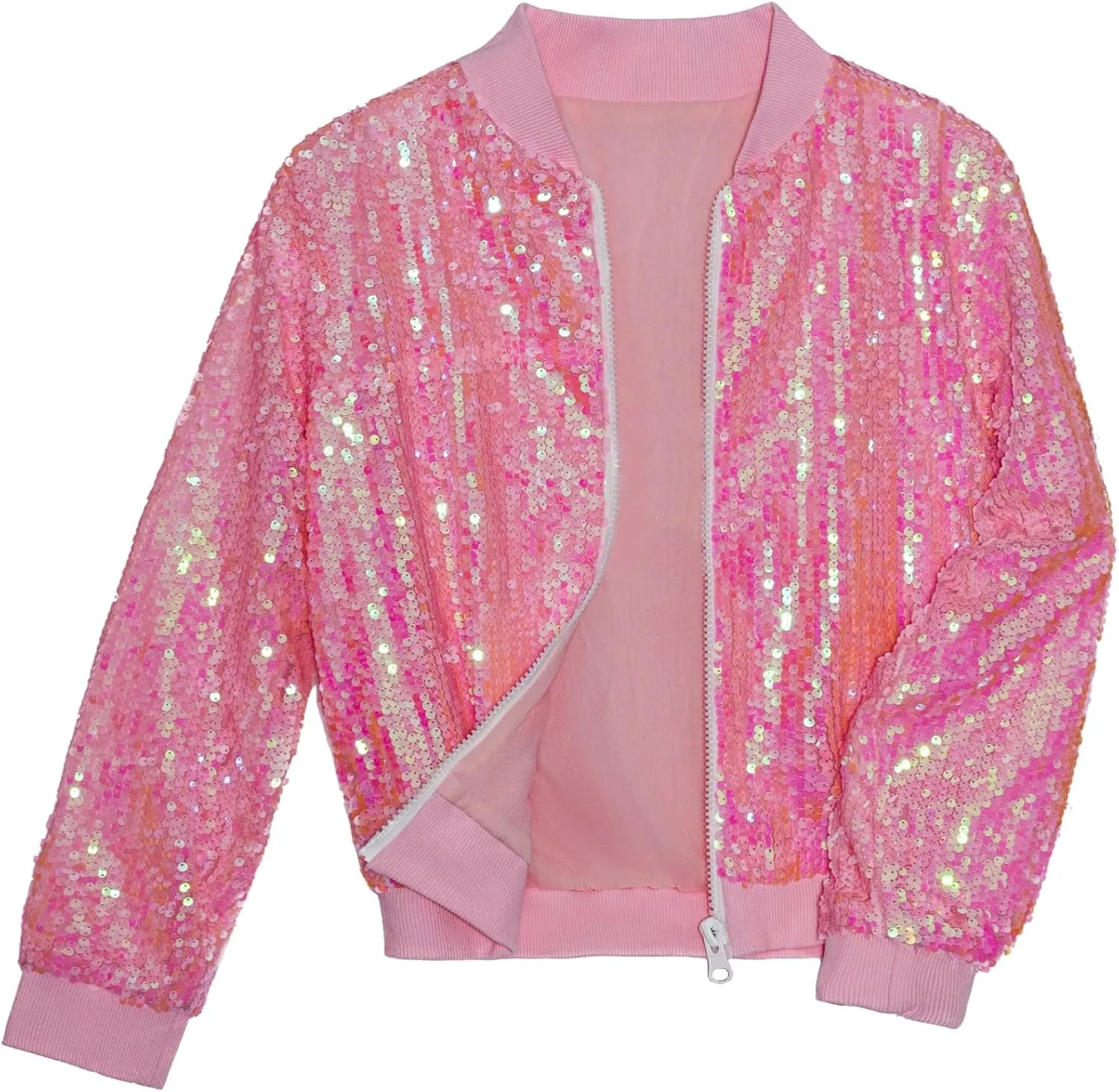 Girls Sequin Bomber Jacket Sparkly Bomber Outfit Long Sleeve Zipper Bright Colors 5-12T
