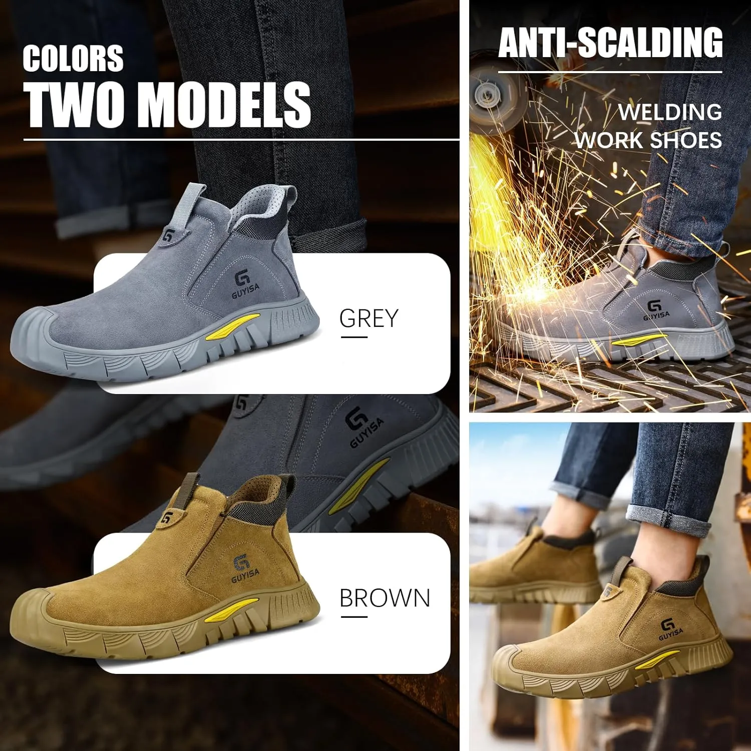 GLANOUDUN Welding Work Boots for Men Slip on Steel Toe Shoes for Men Indestructible Steel Toe Boots Welder Men's Working Shoes Fireproof Safety Footwear for Construction Men's Work & Safety Footwear