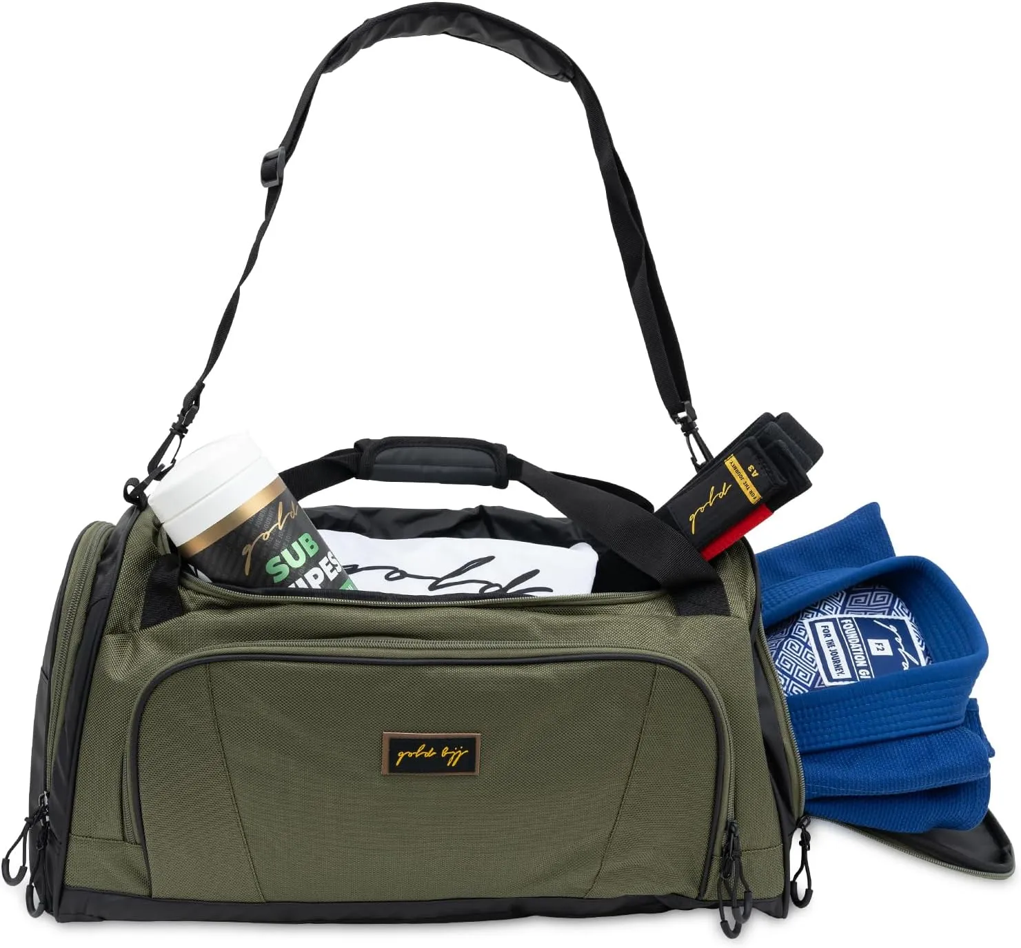 Gold BJJ Jiu Jitsu Duffle Bag - Waterproof Pocket for Sweaty Gi, Rashguard, or Shoes - The Perfect Duffel Bag for Martial Arts Gear, Boxing, MMA, and More