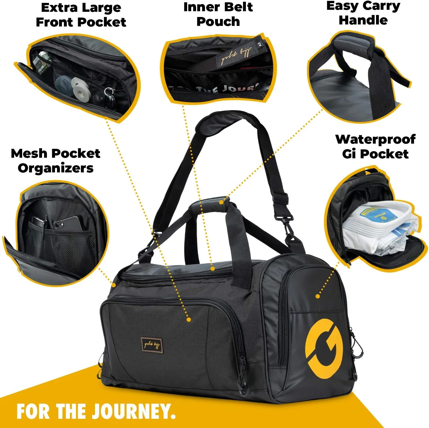 Gold BJJ Jiu Jitsu Duffle Bag - Waterproof Pocket for Sweaty Gi, Rashguard, or Shoes - The Perfect Duffel Bag for Martial Arts Gear, Boxing, MMA, and More