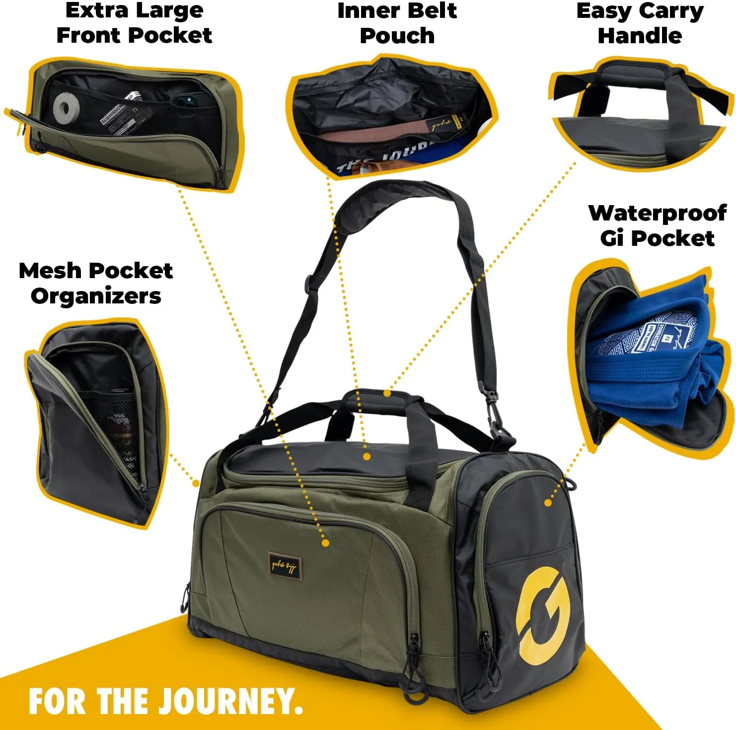 Gold BJJ Jiu Jitsu Duffle Bag - Waterproof Pocket for Sweaty Gi, Rashguard, or Shoes - The Perfect Duffel Bag for Martial Arts Gear, Boxing, MMA, and More