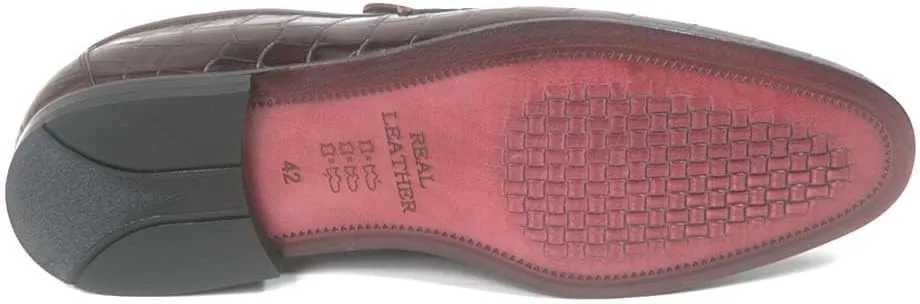 Golden Pass Men's Burgundy Crocodile Print Calfskin Leather Loafers – Slip-On Dress Shoes with Metal Bit Detailing – Luxury Italian-Style Formal Footwear