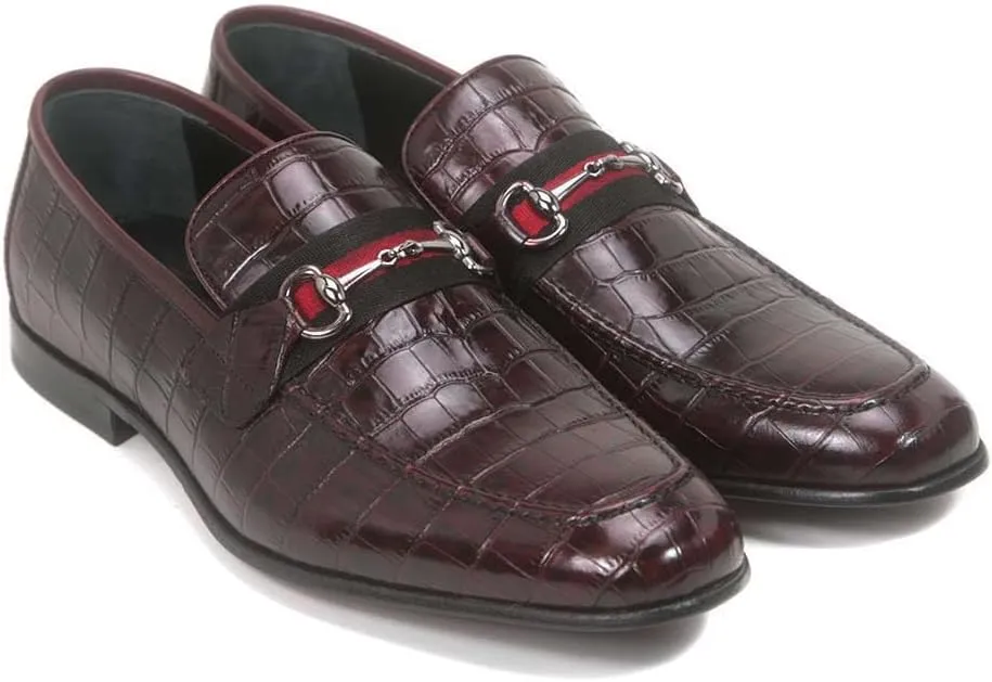 Golden Pass Men's Burgundy Crocodile Print Calfskin Leather Loafers – Slip-On Dress Shoes with Metal Bit Detailing – Luxury Italian-Style Formal Footwear