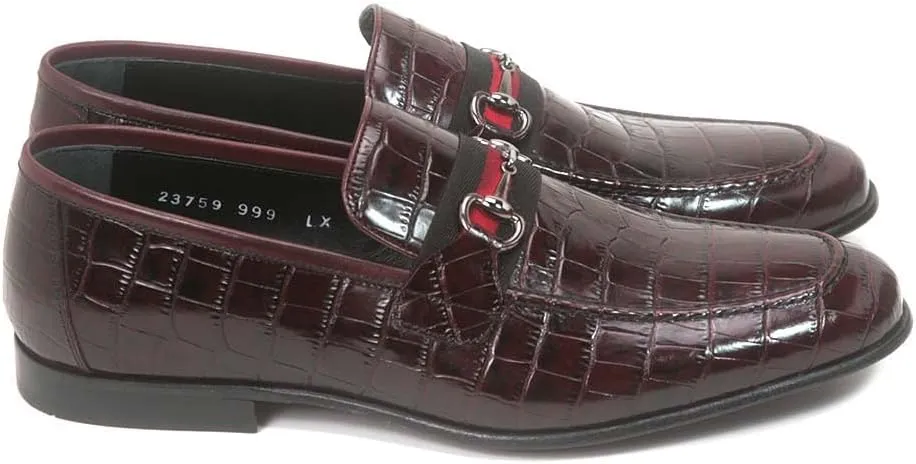 Golden Pass Men's Burgundy Crocodile Print Calfskin Leather Loafers – Slip-On Dress Shoes with Metal Bit Detailing – Luxury Italian-Style Formal Footwear