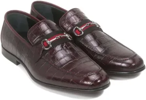 Golden Pass Men's Burgundy Crocodile Print Calfskin Leather Loafers – Slip-On Dress Shoes with Metal Bit Detailing – Luxury Italian-Style Formal Footwear