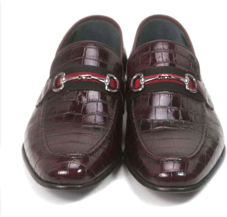 Golden Pass Men's Burgundy Crocodile Print Calfskin Leather Loafers – Slip-On Dress Shoes with Metal Bit Detailing – Luxury Italian-Style Formal Footwear