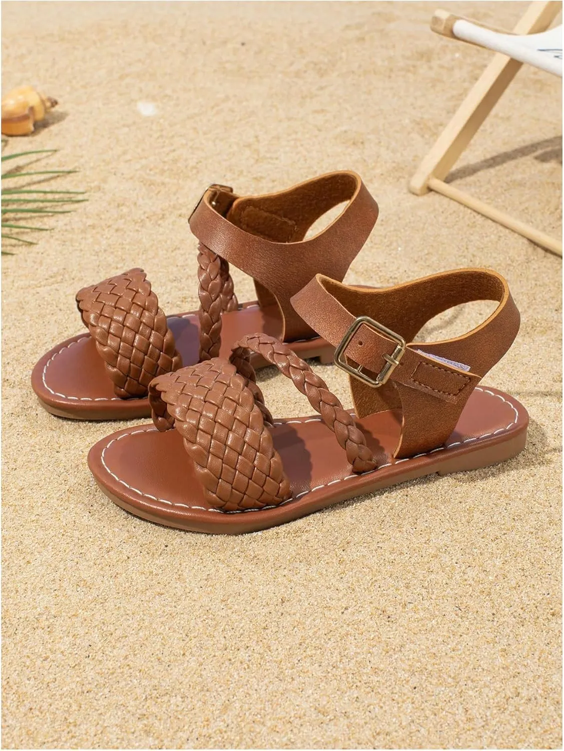 GORGLITTER Girl's Braided Leather Sandals Round Open Toe Ankle Strap Vacation Cute Sandals