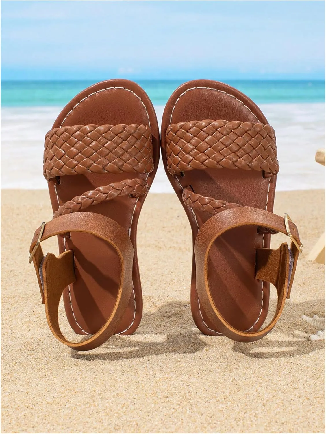 GORGLITTER Girl's Braided Leather Sandals Round Open Toe Ankle Strap Vacation Cute Sandals
