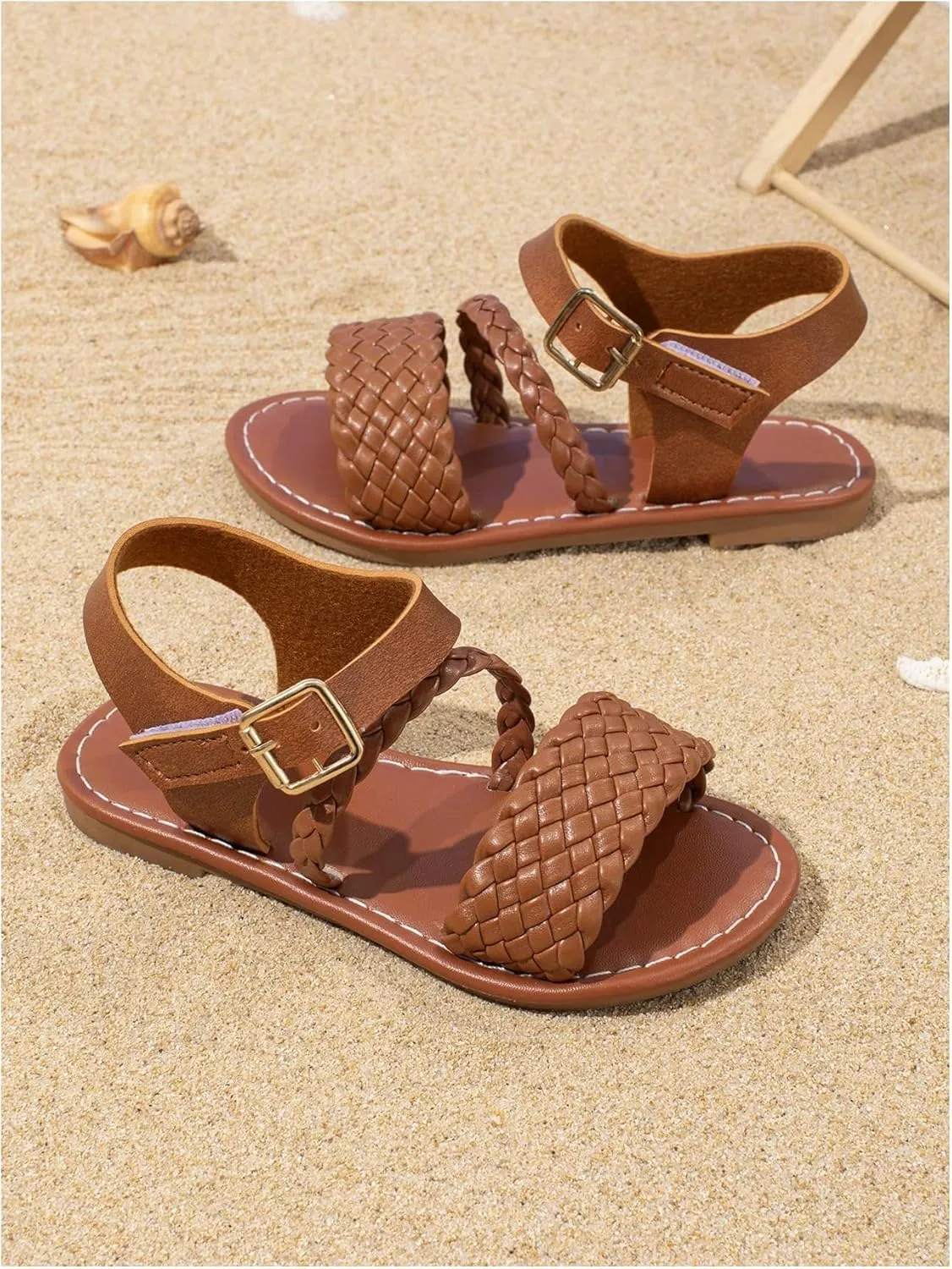 GORGLITTER Girl's Braided Leather Sandals Round Open Toe Ankle Strap Vacation Cute Sandals