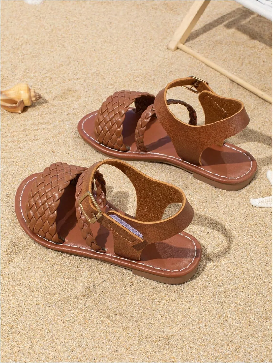 GORGLITTER Girl's Braided Leather Sandals Round Open Toe Ankle Strap Vacation Cute Sandals