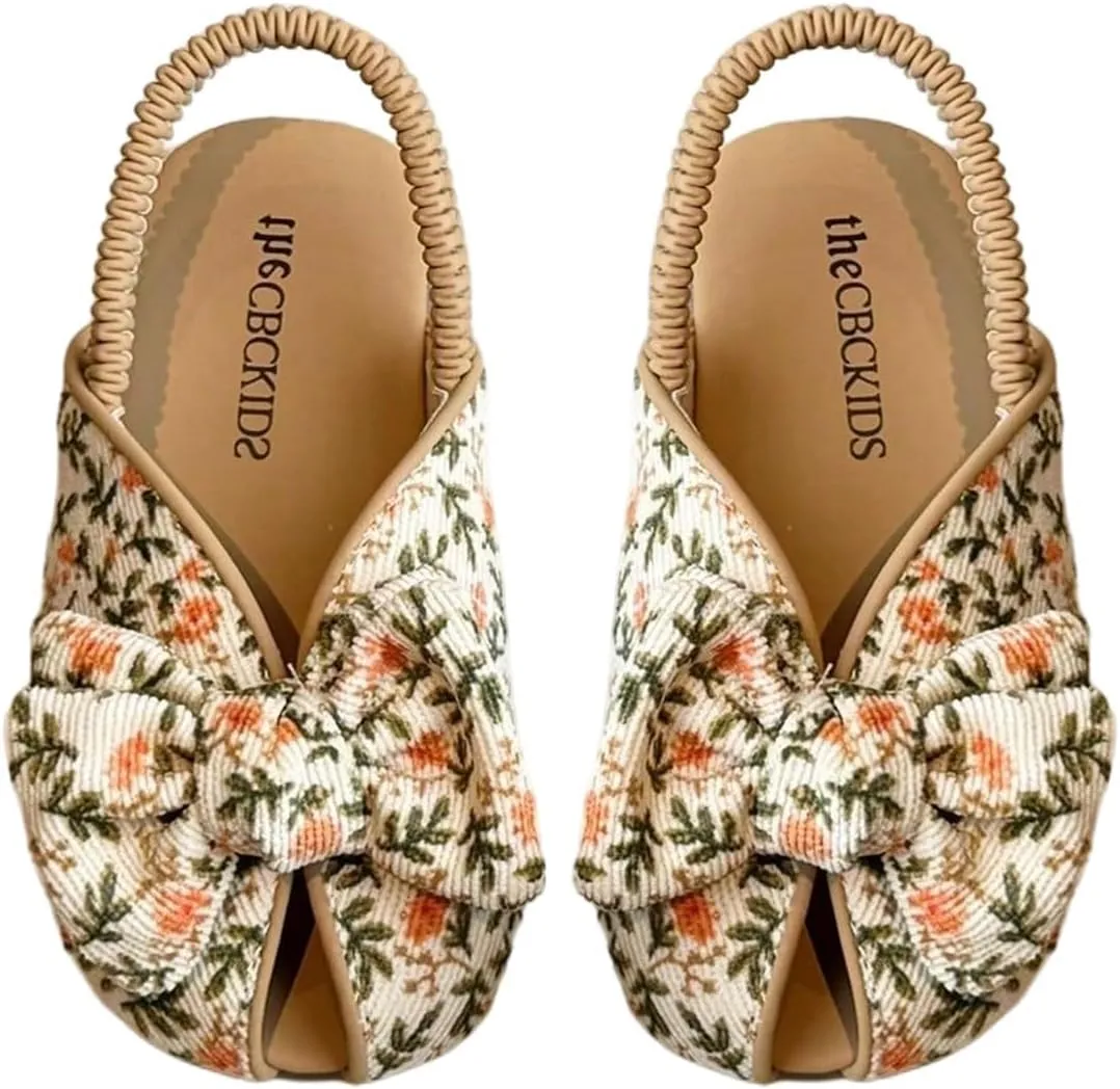 GORGLITTER Girl's Floral Bow Flat Sandals Closed Toe Ankle Strap Boho Cute Summer Slip on Shoes