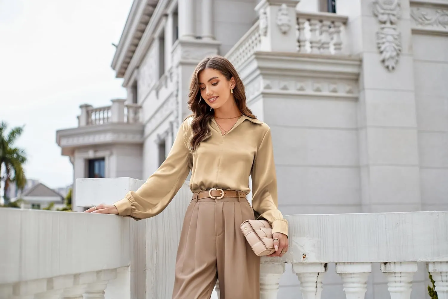 GRACE KARIN Women's Satin Silk Blouse Lapel V Neck Long Sleeve Casual Work Blouse Shirts Pullover Tops