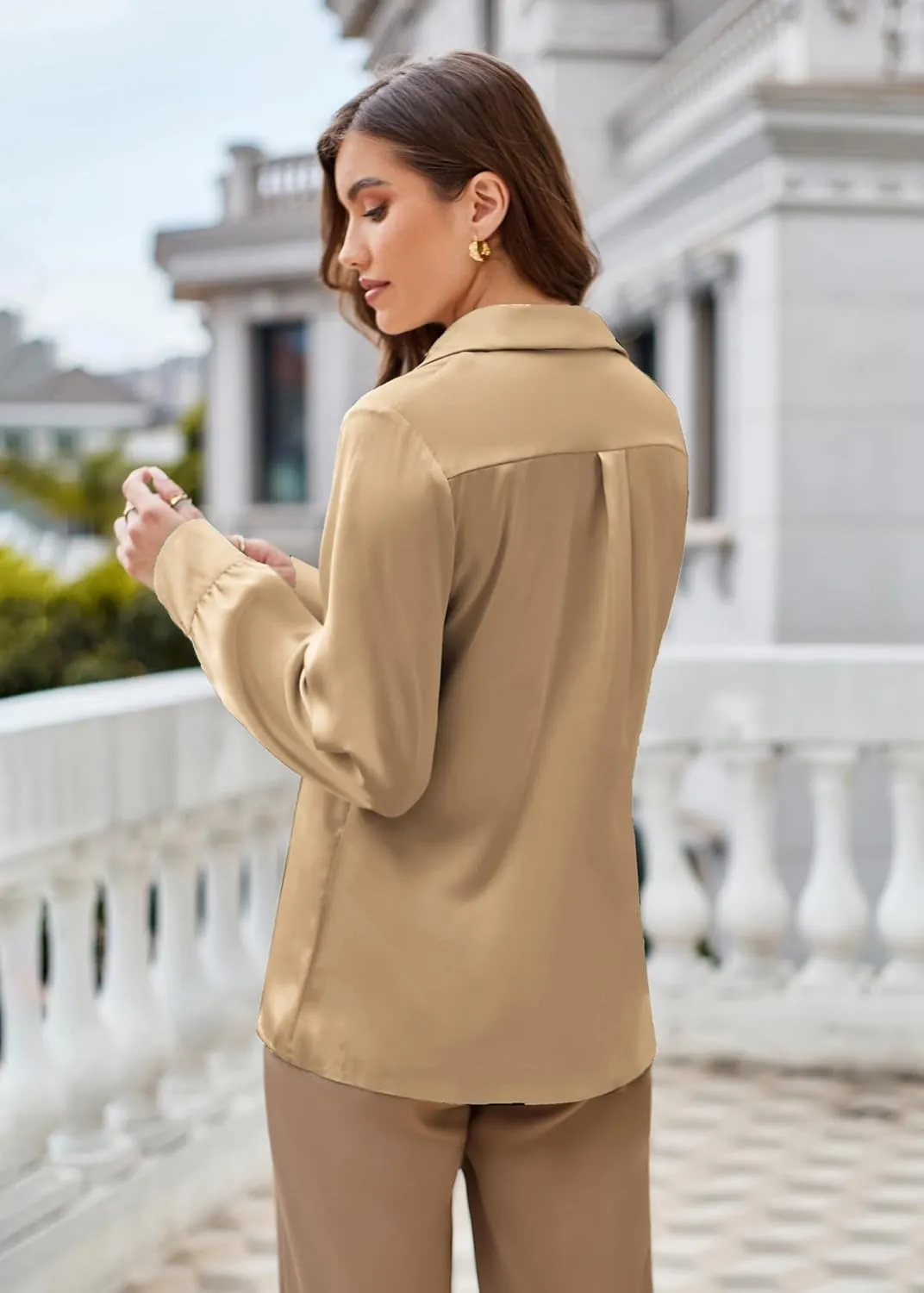 GRACE KARIN Women's Satin Silk Blouse Lapel V Neck Long Sleeve Casual Work Blouse Shirts Pullover Tops