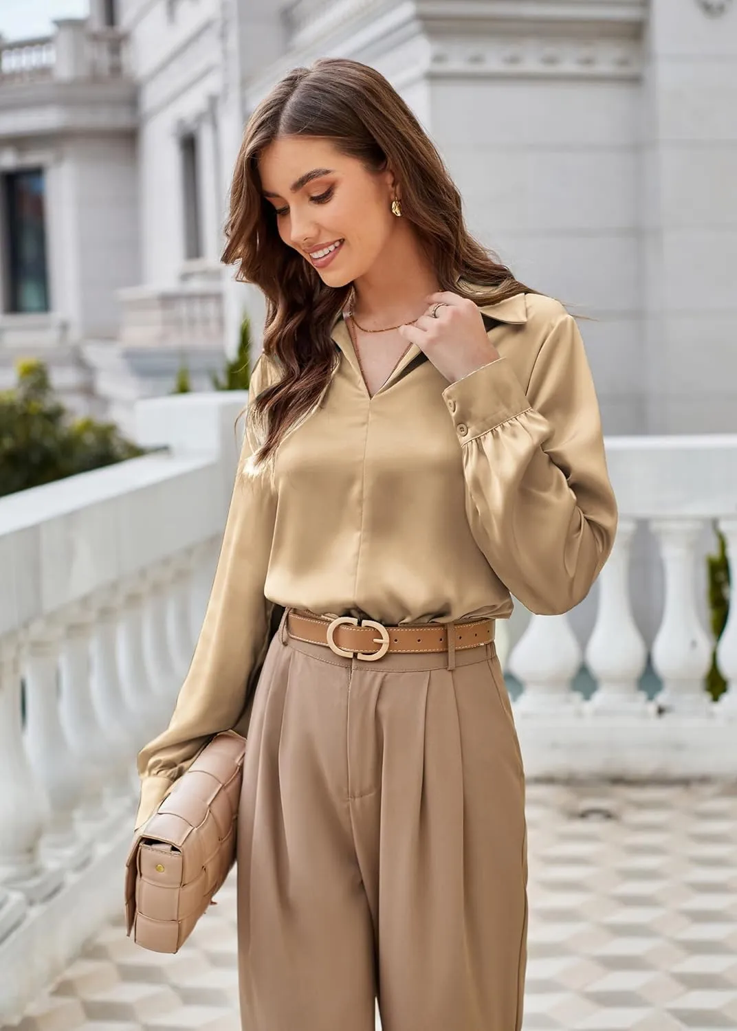 GRACE KARIN Women's Satin Silk Blouse Lapel V Neck Long Sleeve Casual Work Blouse Shirts Pullover Tops