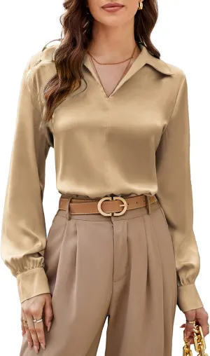 GRACE KARIN Women's Satin Silk Blouse Lapel V Neck Long Sleeve Casual Work Blouse Shirts Pullover Tops