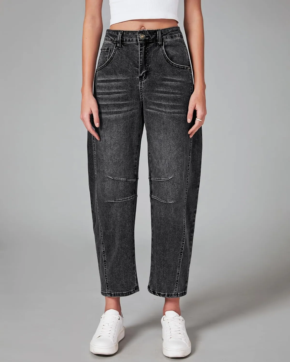 GRAPENT Barrel Jeans for Women Trendy High Waisted Wide Leg Baggy Cropped Relax Fit Stretch Denim Trouser Ankle Pants
