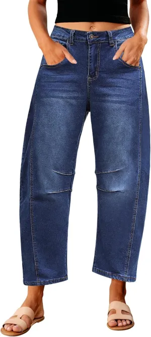 GRAPENT Barrel Jeans for Women Trendy High Waisted Wide Leg Baggy Cropped Relax Fit Stretch Denim Trouser Ankle Pants
