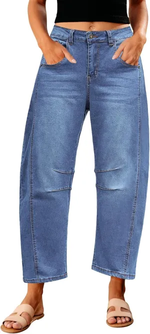 GRAPENT Barrel Jeans for Women Trendy High Waisted Wide Leg Baggy Cropped Relax Fit Stretch Denim Trouser Ankle Pants