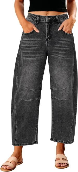GRAPENT Barrel Jeans for Women Trendy High Waisted Wide Leg Baggy Cropped Relax Fit Stretch Denim Trouser Ankle Pants