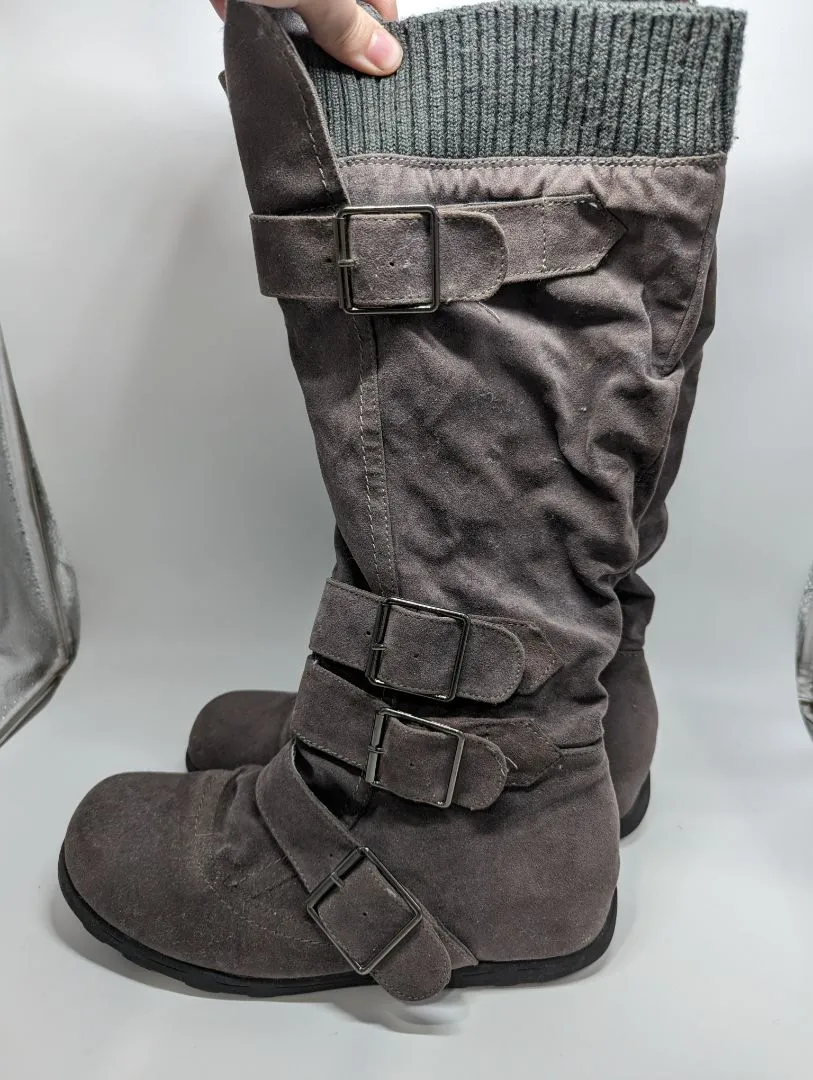 Grey Suede Knee-High Boots