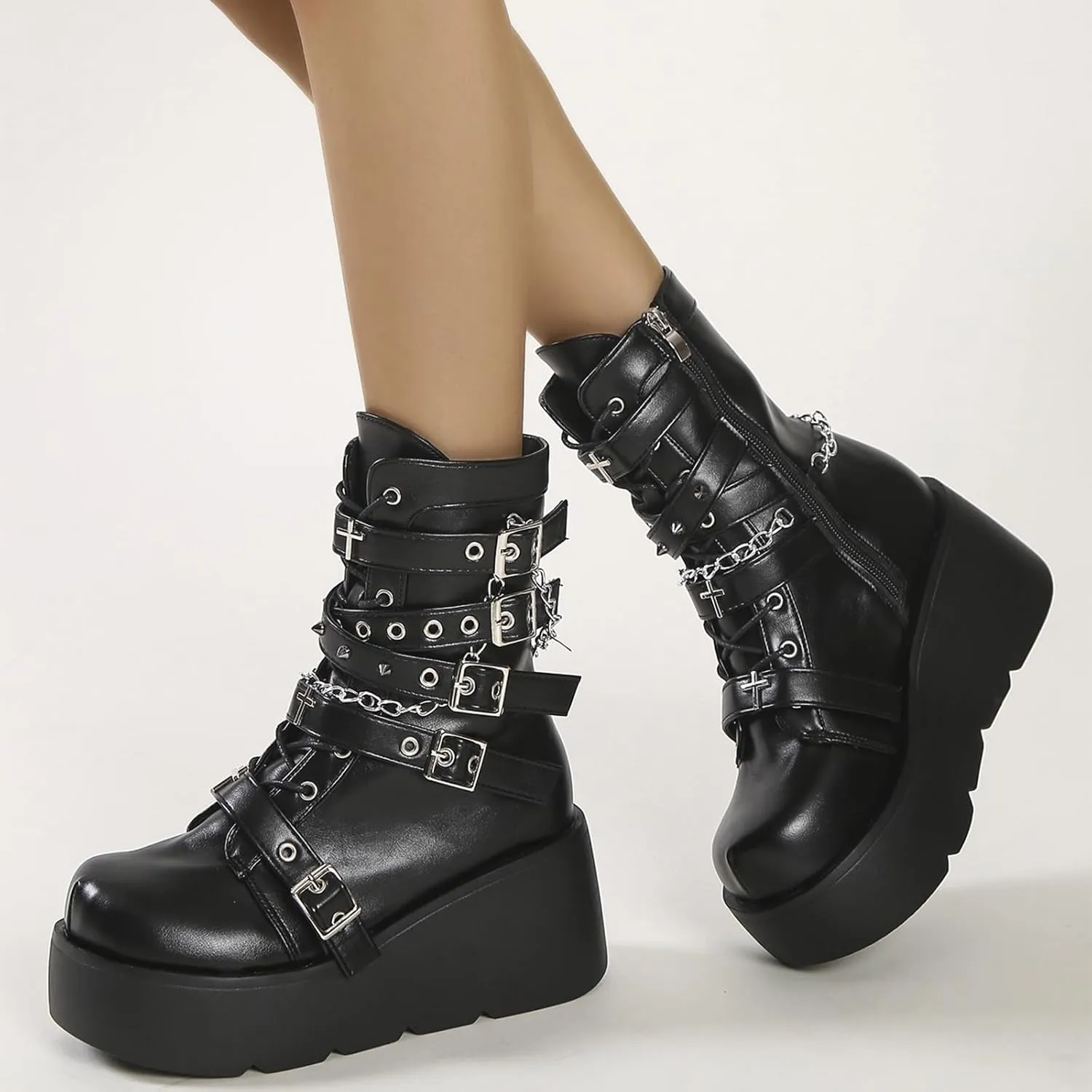 GUNIYIFS Womens Platform Ankle Boots Gothic Combat Boots Wedges Chunky Heel Booties Studded Buckle Lace Up Round Toe Boots