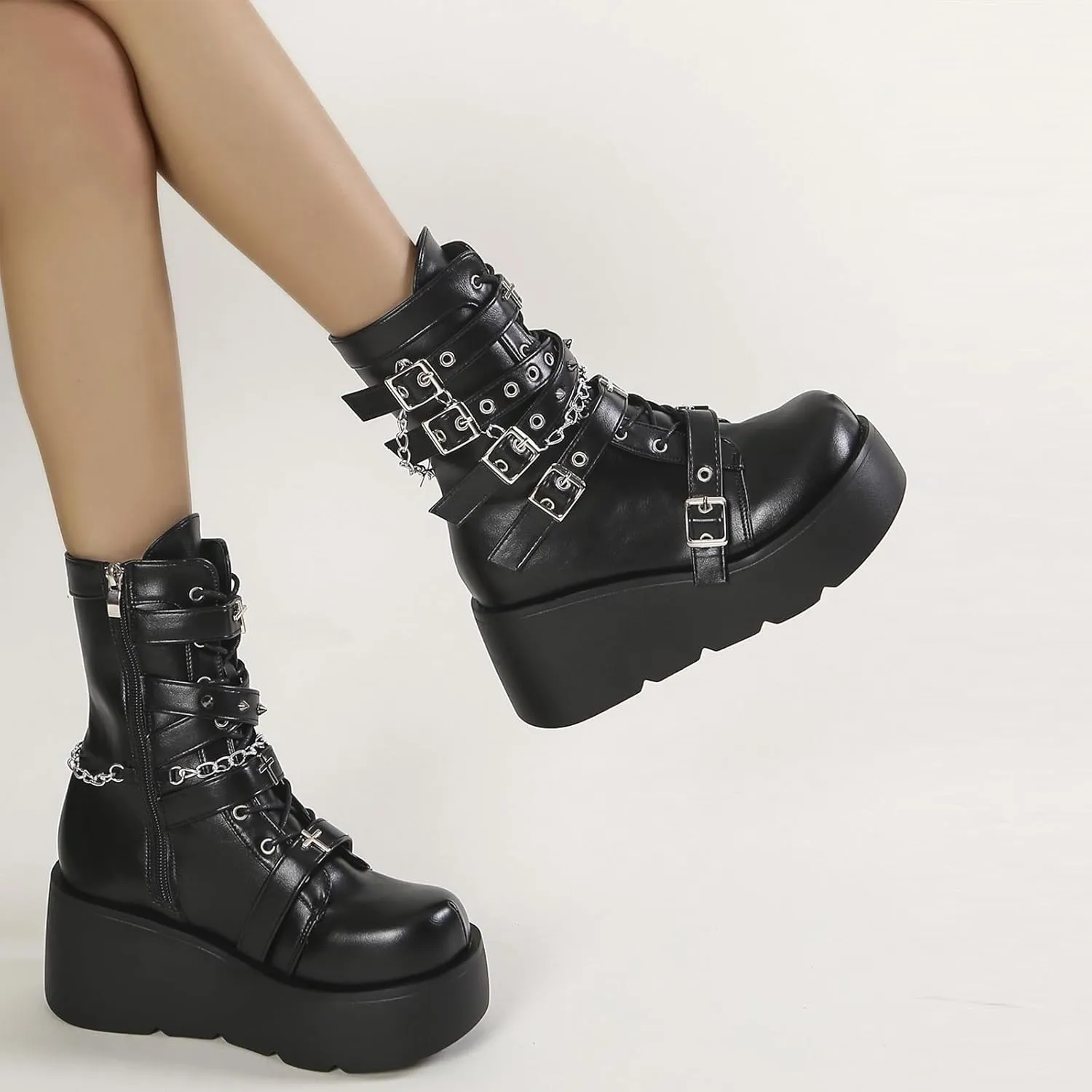GUNIYIFS Womens Platform Ankle Boots Gothic Combat Boots Wedges Chunky Heel Booties Studded Buckle Lace Up Round Toe Boots