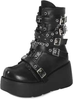 GUNIYIFS Womens Platform Ankle Boots Gothic Combat Boots Wedges Chunky Heel Booties Studded Buckle Lace Up Round Toe Boots