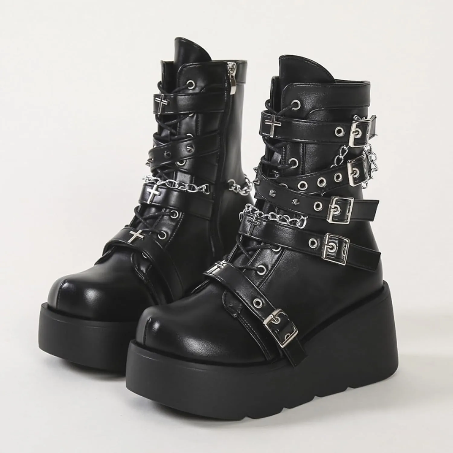 GUNIYIFS Womens Platform Ankle Boots Gothic Combat Boots Wedges Chunky Heel Booties Studded Buckle Lace Up Round Toe Boots
