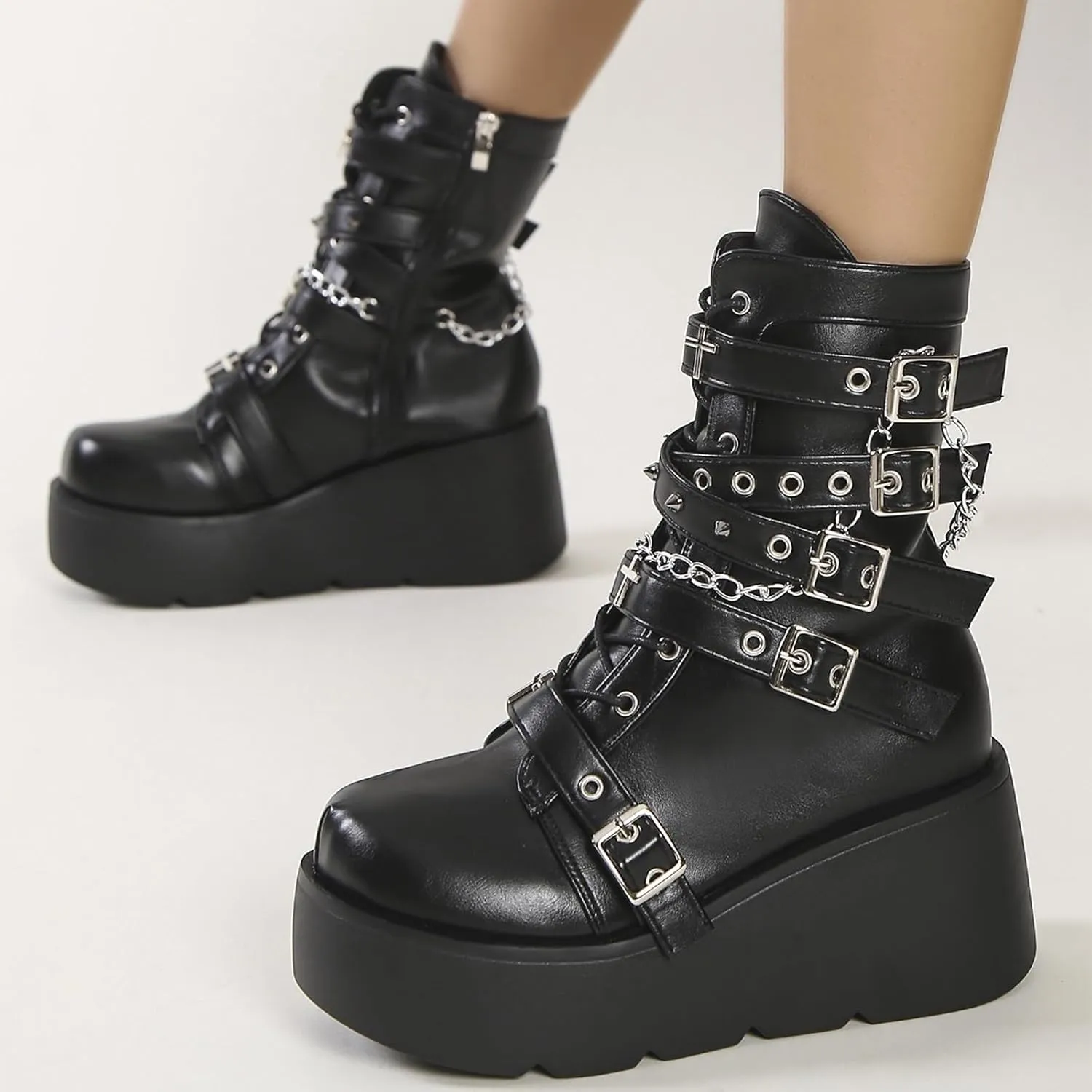 GUNIYIFS Womens Platform Ankle Boots Gothic Combat Boots Wedges Chunky Heel Booties Studded Buckle Lace Up Round Toe Boots