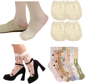Half Socks No Show 4 Pairs Toe Socks for Mules & Flower Sheer Socks for Women 6 Pairs