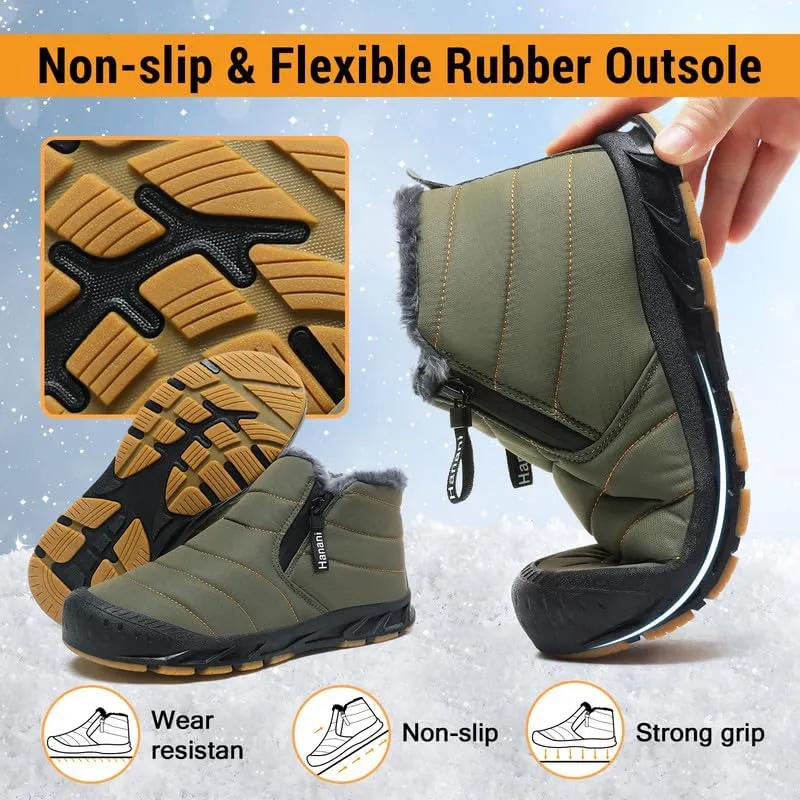 Hanani Mens Snow Boots Waterproof Winter Boots for Men Fur Lined Warm Ankle Boots Zipper Closure Slip on Outdoor Boot Comfortable Walking Shoes