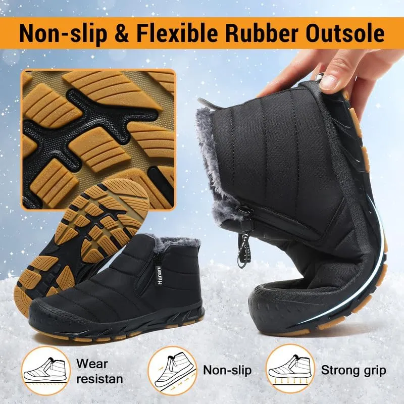 Hanani Mens Snow Boots Waterproof Winter Boots for Men Fur Lined Warm Ankle Boots Zipper Closure Slip on Outdoor Boot Comfortable Walking Shoes