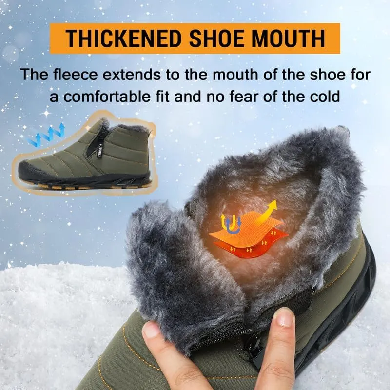 Hanani Mens Snow Boots Waterproof Winter Boots for Men Fur Lined Warm Ankle Boots Zipper Closure Slip on Outdoor Boot Comfortable Walking Shoes